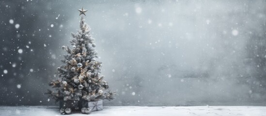 The Christmas tree stands against a cement wall with a blank space for an image while snowflakes fall gently around it. with copy space image. Place for adding text or design