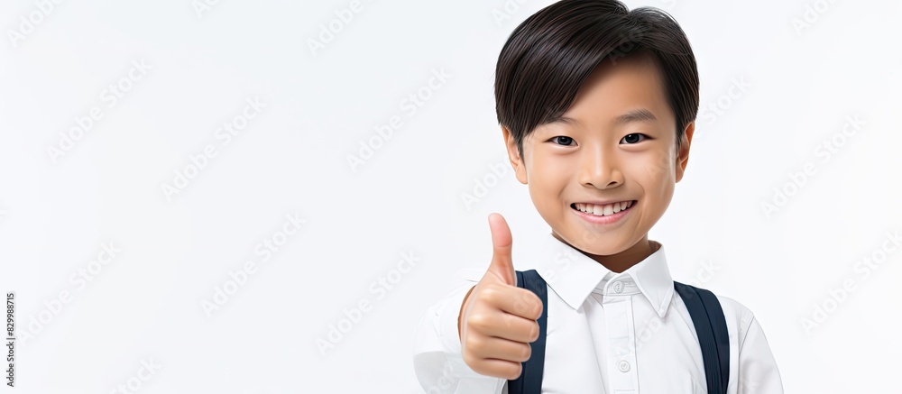 Poster An enthusiastic Asian man displays a thumbs up gesture to express his approval with a plain white background allowing for a copy space image