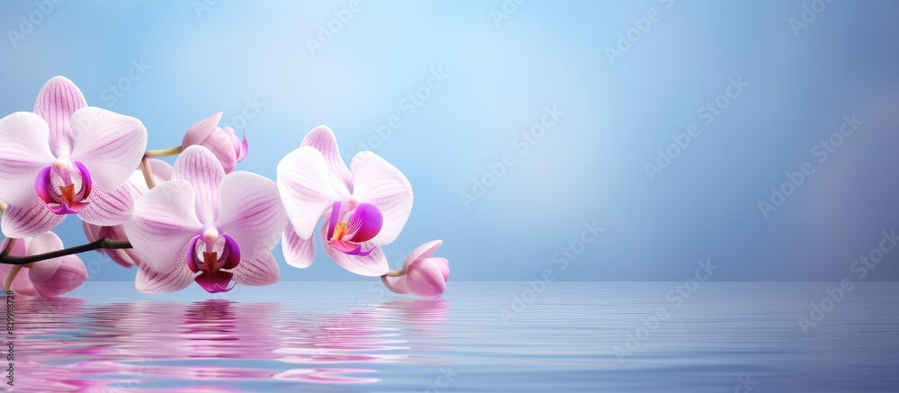 Poster Bright background with a stunning blooming orchid creating a serene still life image for spa treatment. with copy space image. Place for adding text or design