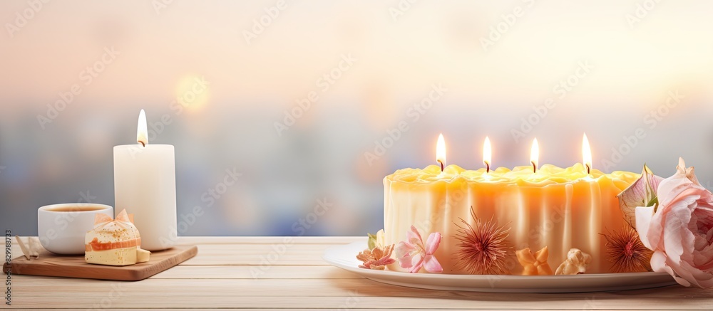 Poster a cute bento cake is showcased on a white wooden table adorned with delicious cream and flickering c
