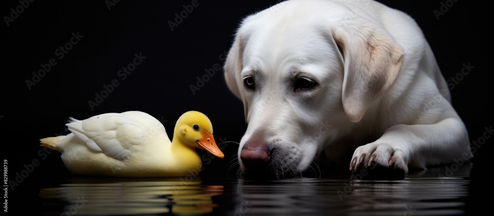 Aufkleber A large white dog investigates a rubber toy duck with curiosity and enthusiasm. with copy space image. Place for adding text or design