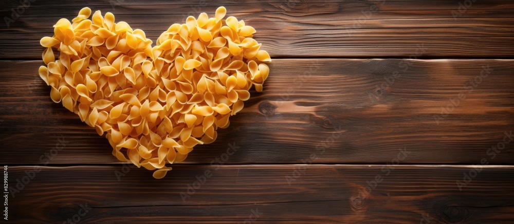 Aufkleber copy space image of a heart shaped arrangement made of flour and pasta placed on a vibrant wooden ba