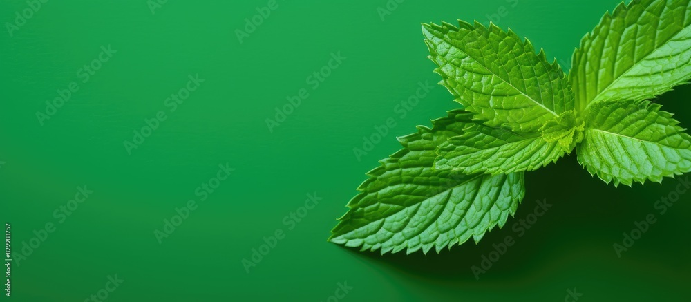 Poster a fresh mint leaf is isolated on a colored background providing a top view with copy space image