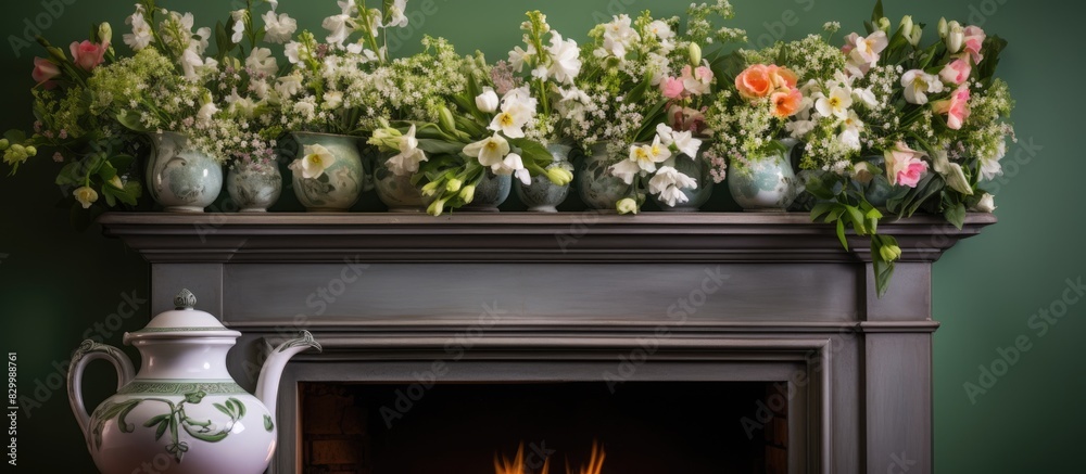 Poster A pot filled with spring flowers is displayed on a fireplace mantelpiece creating a charming copy space image
