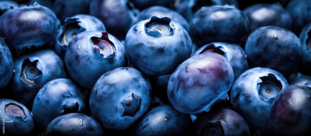 Poster a close up photo of freshly picked blueberries showing a pile of them with a copy space image