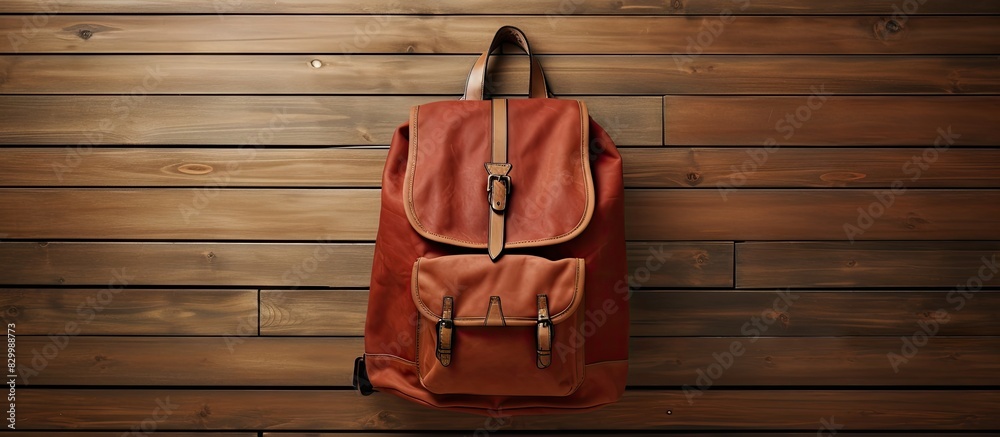 Poster backpack made of canvas and leather hangs on a wooden wall with ample copy space image