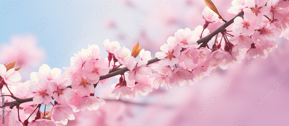 Poster closeup of a pink sakura tree outdoors on a spring day with a copy space image