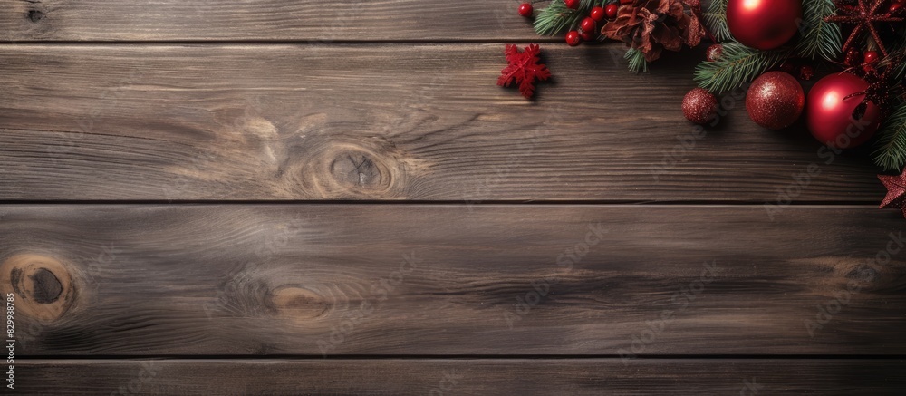Poster a festive holiday background with christmas decorations placed on a wooden table captured from a top