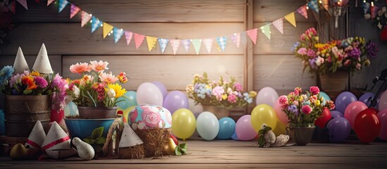 Fototapeta premium A festive Easter scene with a basket filled with colorful eggs and flowers on a wooden floor surrounded by party flags and a celebrate banner Copy space is available