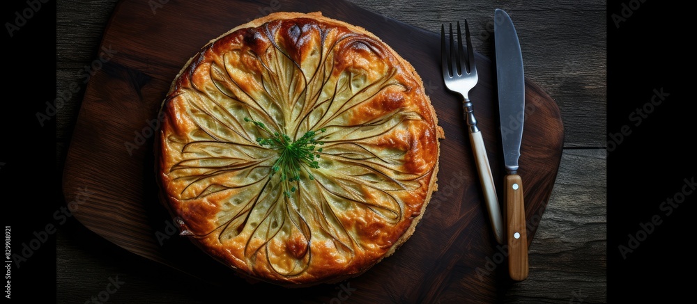 Aufkleber A delicious leek pie is presented with a cake server on a dark textured table in a top down view There is ample copy space available