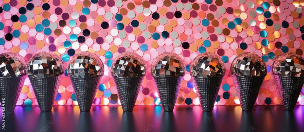 Aufkleber a party themed copy space image featuring disco balls arranged in a cone for a festive flat lay