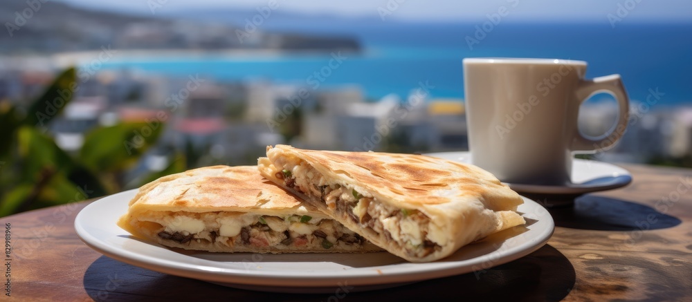 Poster enjoy a delicious quesadilla a popular local dessert from el hierro island accompanied by a cup of c