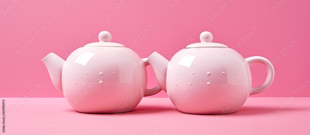Poster a pink background hosts two white porcelain teapots with matching pink lids this flat lay image sign