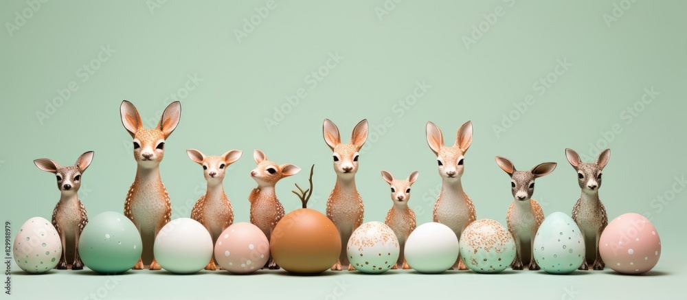 Poster Copy space image of comical deer sculptures crafted from eggs set against a backdrop of white and pastel green These whimsical Easter decorations created using brown eggs provide ample room for your