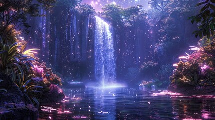 A photo of a celestial waterfall with shimmering water, a mystical forest with luminescent plants and a starlit sky