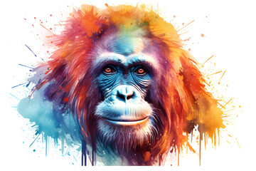 Orangutan face. Watercolor animals illustration on white background.