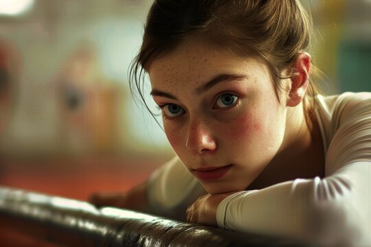 Determined Young Gymnast Preparing for Balance Beam Routine in Gymnasium