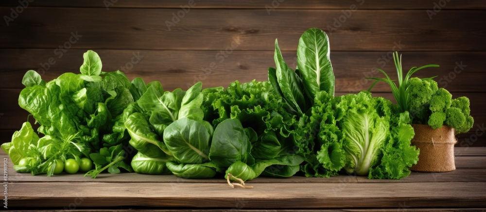 Poster Green leafy vegetables including lettuce spinach and arugula are arranged on a vintage wooden table creating a rustic display There is ample space for additional content