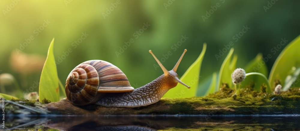 Aufkleber A garden snail with its distinctive spiral shell and slow graceful movements is a common sight in gardens. with copy space image. Place for adding text or design
