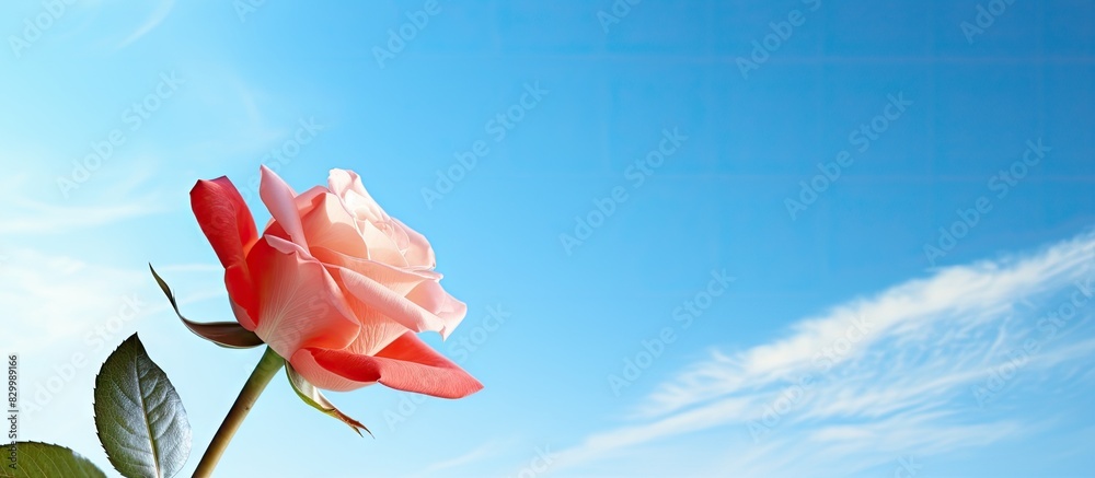 Poster A banner format image of a rose with a blue sky in the background. with copy space image. Place for adding text or design