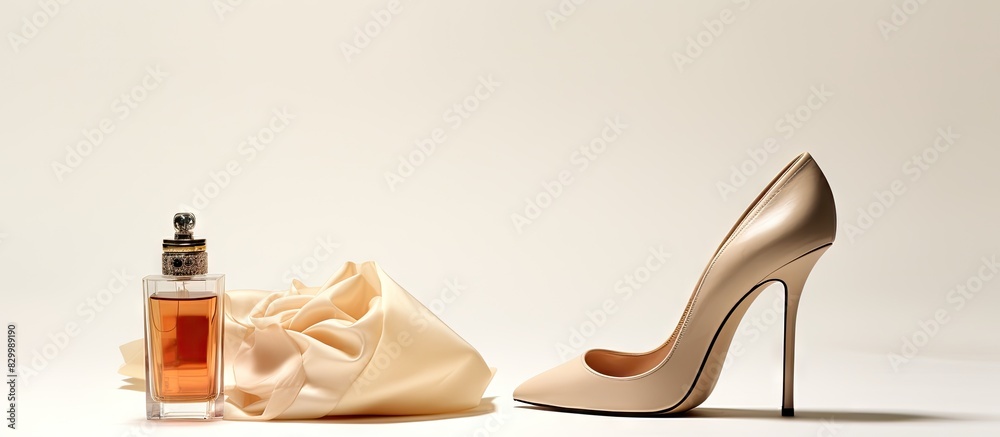 Poster a beige high heeled shoe is seen in isolation against a white background the image has copy space an
