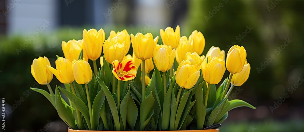 Poster close up image of a flower pot filled with stunning yellow tulips in a garden symbolizing easter spr