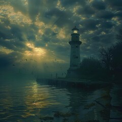 Fototapeta premium Mysterious lighthouse on a foggy night with dramatic clouds and reflective water.