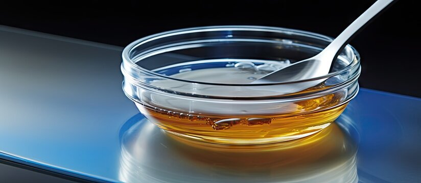 A Petri dish containing Cetyl Esters Wax is seen with a plastic lid It is placed beside a stainless spatula on a laboratory table The image has copy space