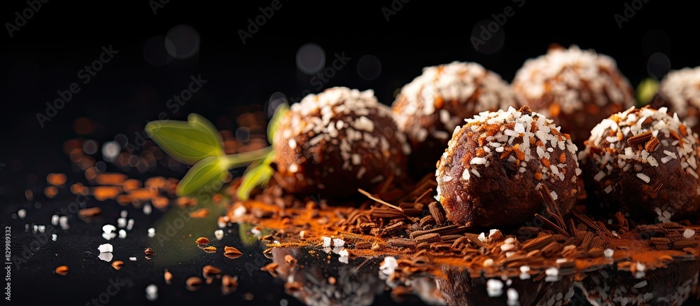 Poster a close up image of vegetarian truffles made from dates and white sesame on a slate board with copy 