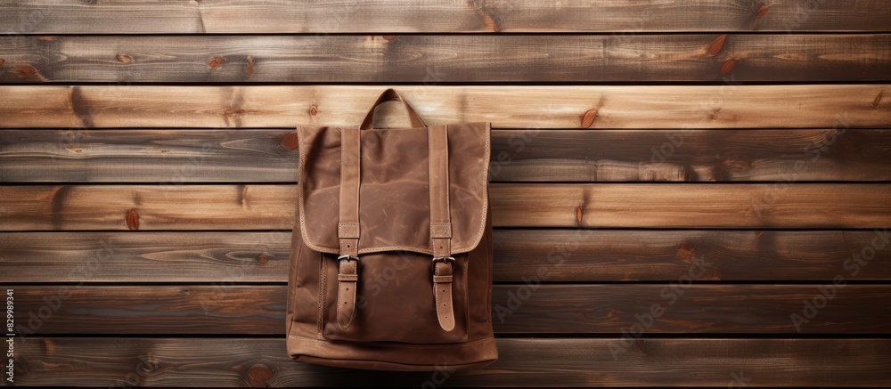 Aufkleber backpack made of canvas and leather hangs on a wooden wall with ample copy space image