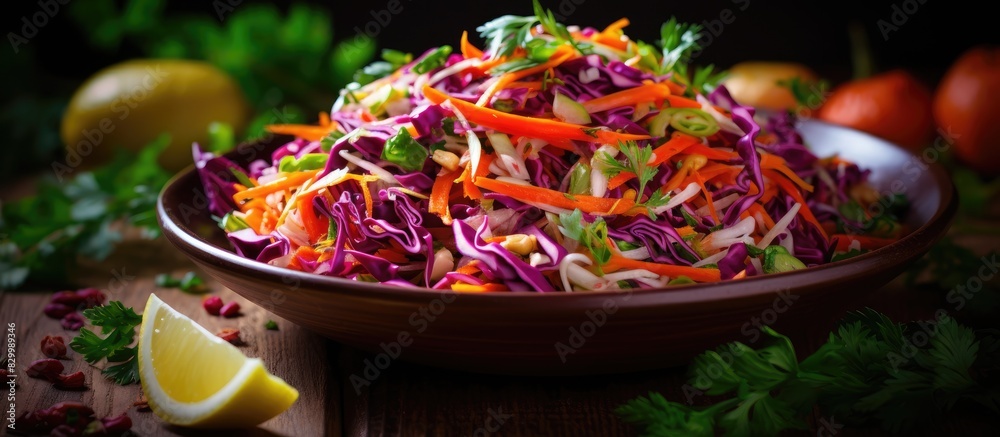 Poster a healthy detoxifying vegan and vegetarian spring salad featuring red cabbage coleslaw carrots and p