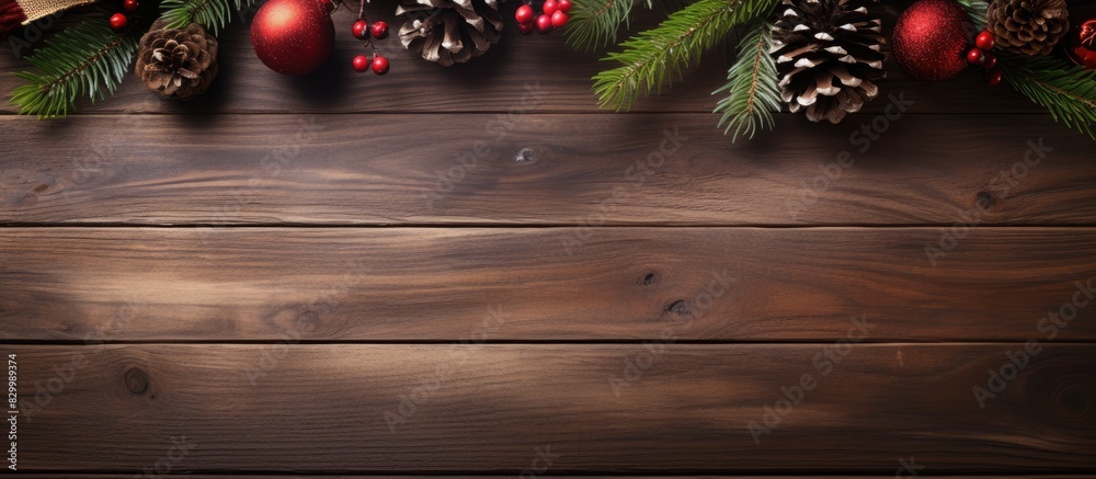 Poster a festive holiday background with christmas decorations placed on a wooden table captured from a top