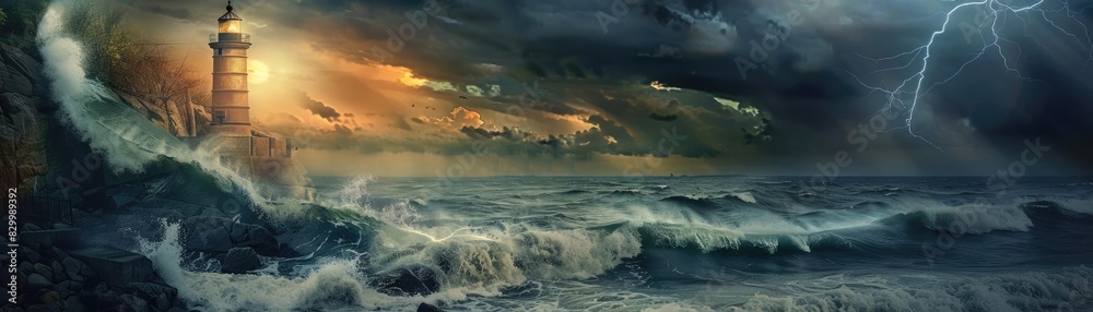Poster dramatic seascape with a lighthouse during a storm, featuring crashing waves, lightning, and a turbu