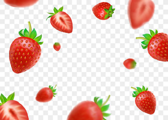 Strawberry background. Flying 3d fall slices for juice or jam advertising or packaging, red juicy food with fresh natural leaves, label decoration. Vector isolated in transparent backdrop