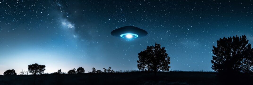 During the day with a clear blue sky. In the distance is a UFO hovering over the landscape