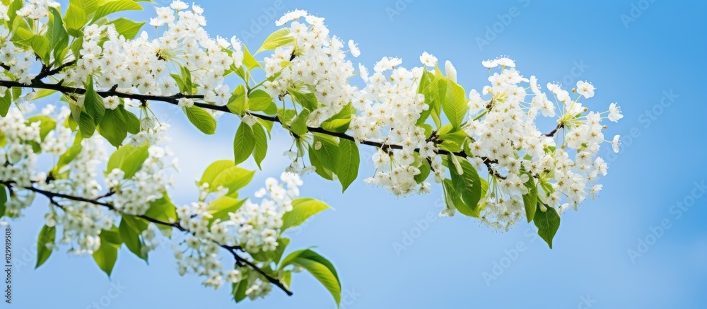 Poster flowering bird cherry tree with branches against a blue sky copy space image