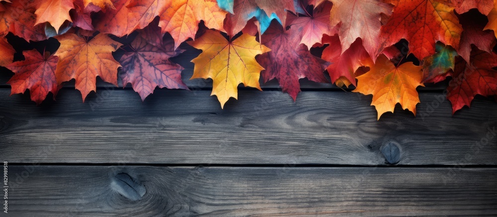 Poster autumn s senescence is showcased through gradient leaves on a wooden backdrop creating a visually ca