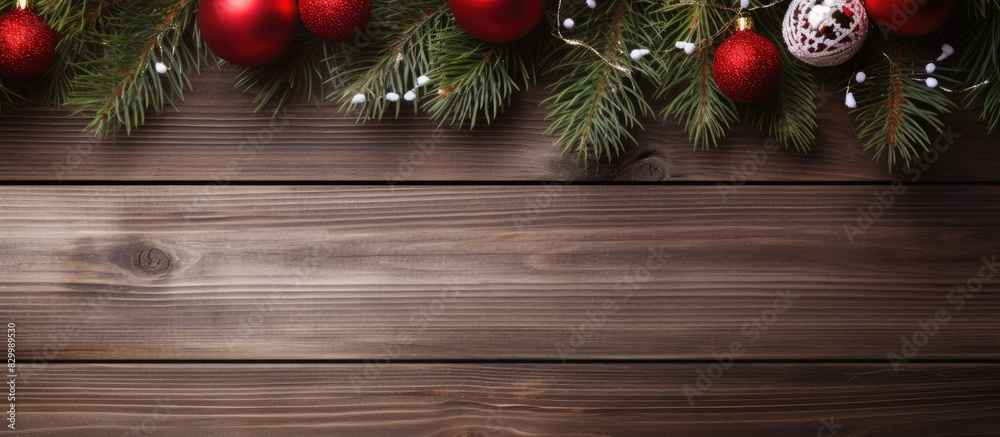 Poster a festive frame with christmas decorations on a wooden background including a branch from a fir tree