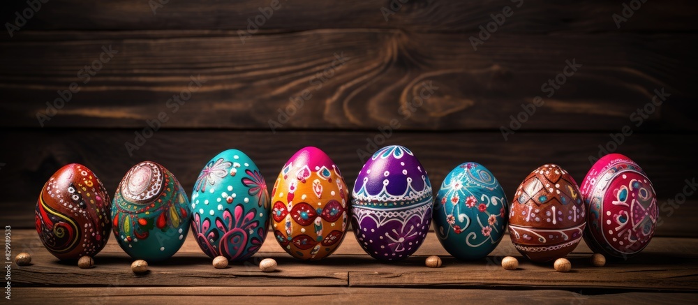 Aufkleber Copy space image of brightly decorated Easter eggs displayed on a rustic wooden background