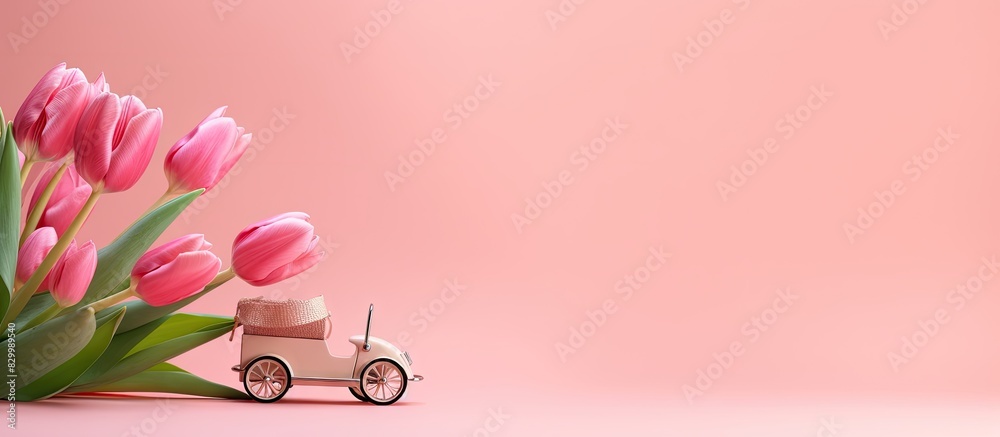 Poster A pink background featuring a steering wheel tulip flowers and a cube calendar displaying the date of International Women s Day Copy space image