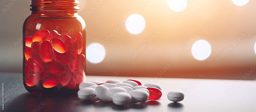 Poster copy space image of a white bottle filled with gel capsules containing healthy supplements for heart