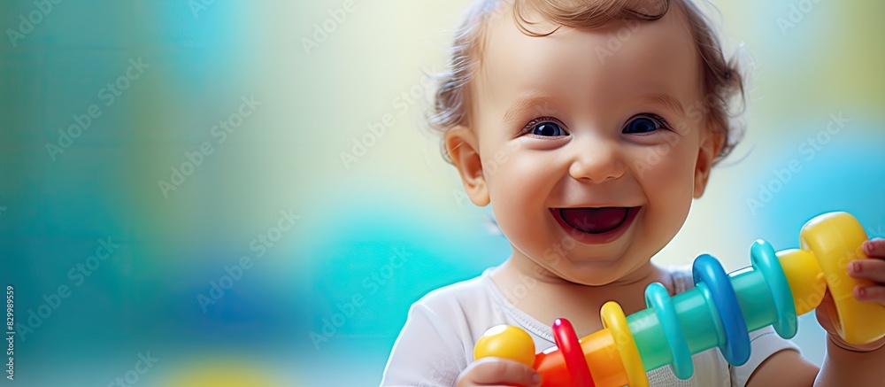 Poster adorable baby boy happily playing with a colorful rattle surrounded by a copy space image