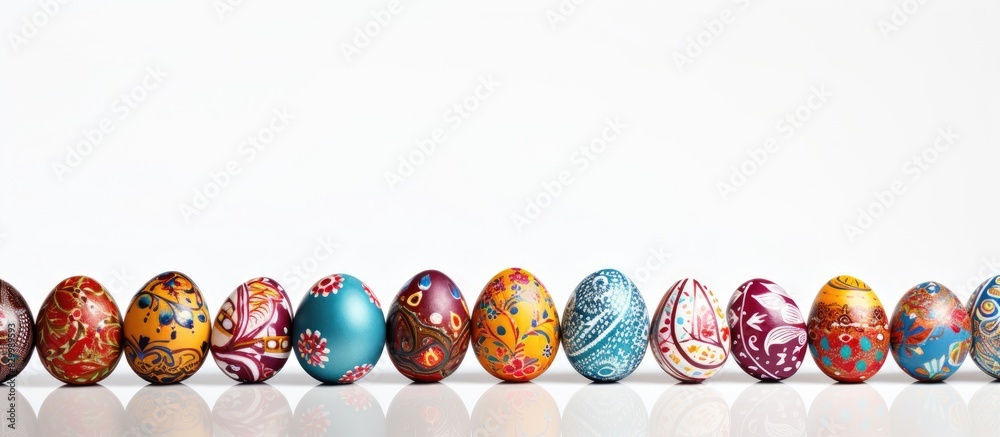 Poster an image of easter eggs on a white background with copy space