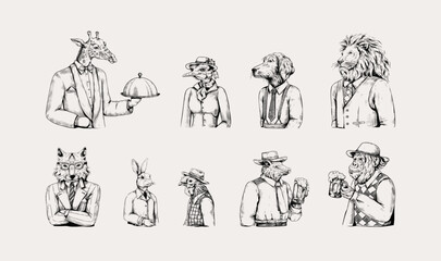 Animal tattoo. Anthropomorphic mammals. Sketch art. Pig and monkey drink beer. Bear like human. Engraved bird. Dressed cat. Lion portrait. Hand drawn characters set. Vector retro woodcut