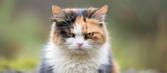 Angry or displeased calico cat with a hostile gaze looking directly at the camera on a white background copy space image