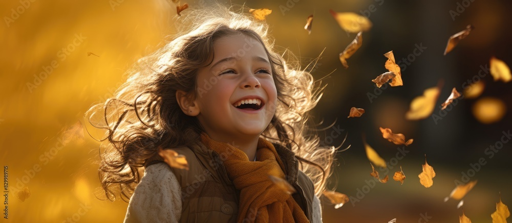Poster in the delightful autumn scenery a young girl joyfully interacts with the falling leaves creating a 
