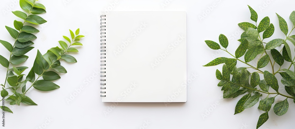 Poster An open notebook lies on a white desk It is adorned with fresh green leaves creating a stunning copy space image Perfect for text or mockup additions