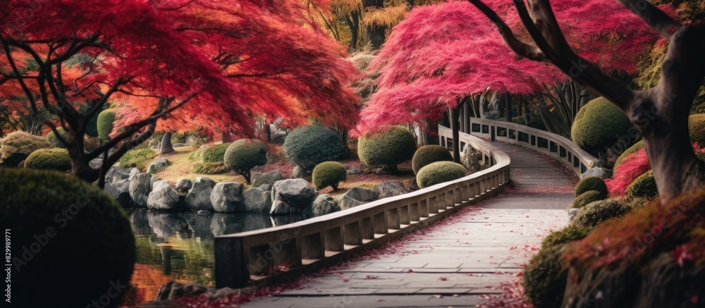 Poster the garden is filled with vibrant red leaves creating a stunning natural backdrop the scene offers a