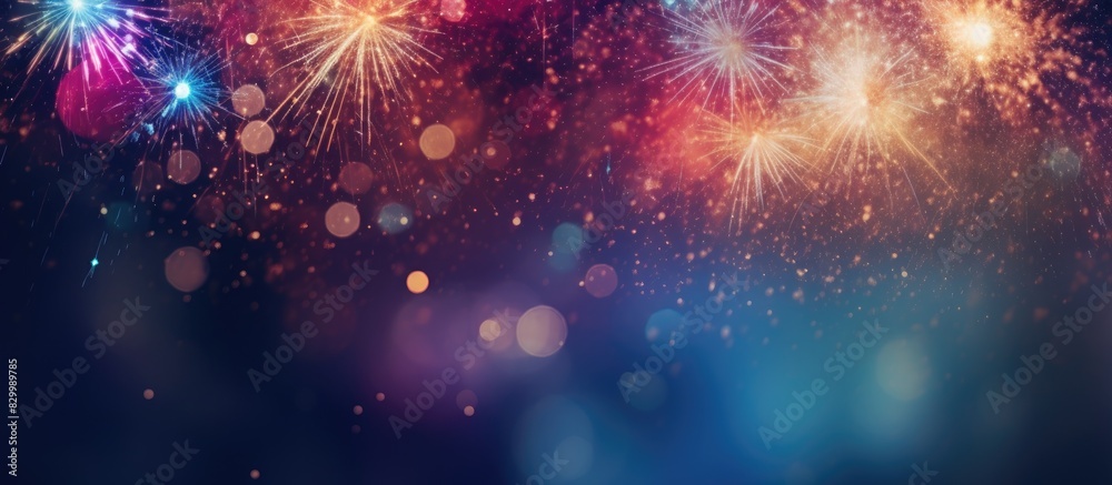 Poster an abstract holiday background featuring fireworks at new year with available copy space