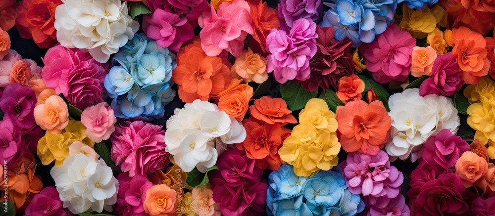 Poster floral blooms in the garden with abundant colorful petals and green foliage create a visually striki